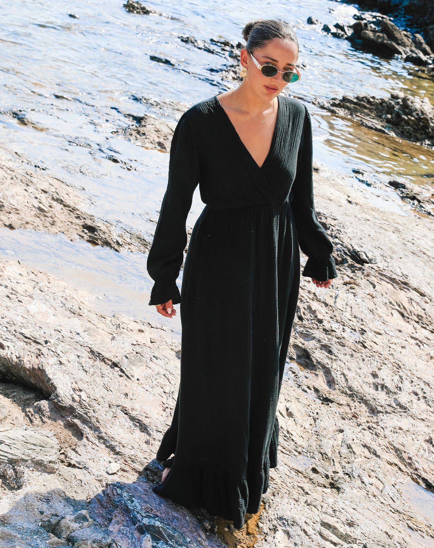 Black Ruffle Mousseline Maxi Dress